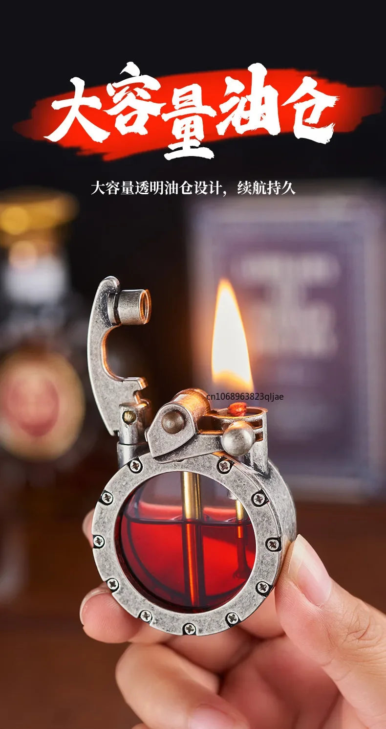 NEW Metal Rocker Arm Kerosene Lighter Creative Personality Round Transparent Oil Tank Open Fire Lighter Men's Small Tools