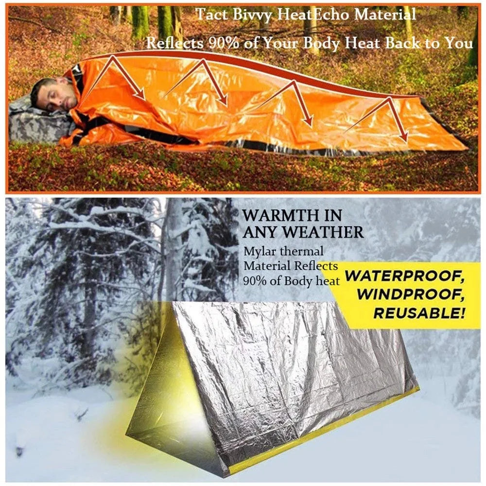 1pcs Portable Waterproof Emergency Survival Sleeping Bag Outdoor Camping Gear Thermal Sack First Aid Rescue Kit Mylar Blanket