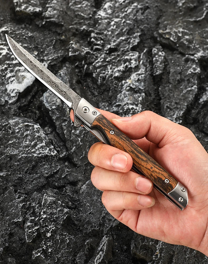 Damascus Pattern Folding Knife Multi-Purpose Outdoor Camping Quick Open Pocket Knife Stainless Steel Folding Knife