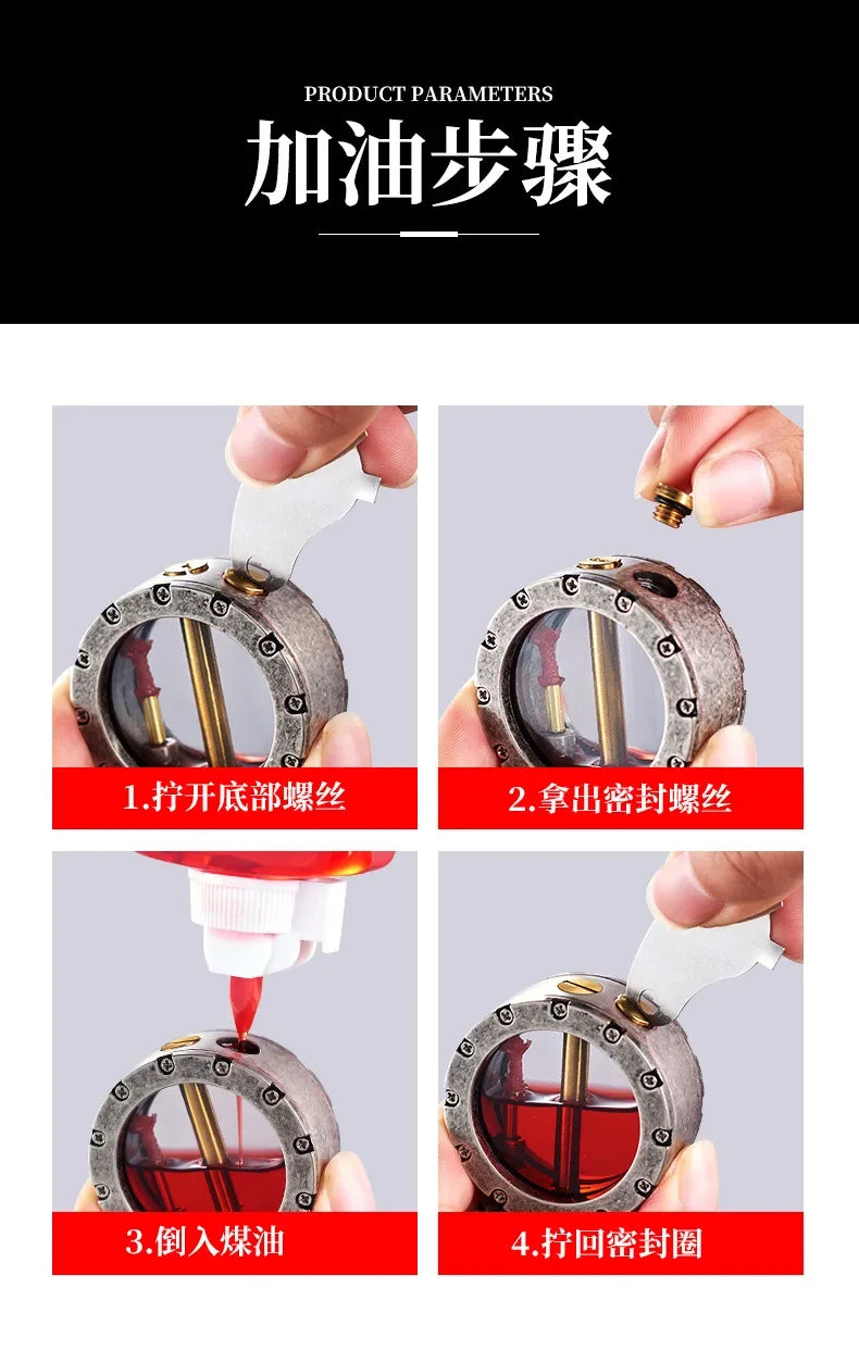 NEW Metal Rocker Arm Kerosene Lighter Creative Personality Round Transparent Oil Tank Open Fire Lighter Men's Small Tools