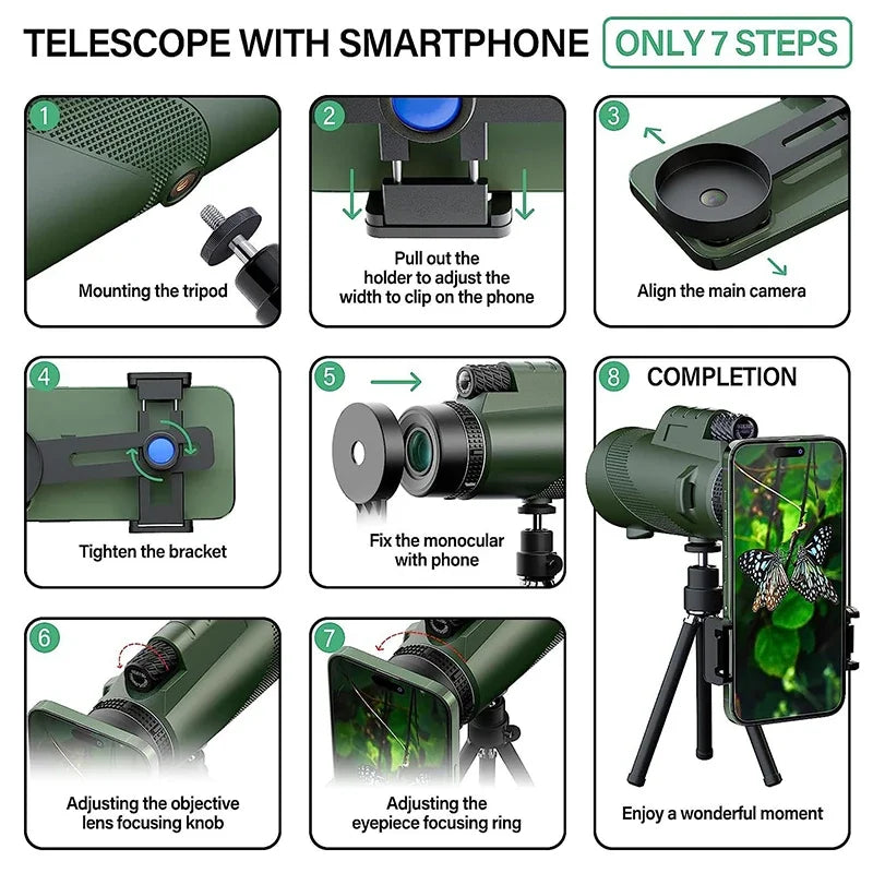 80x100 HD ZOOM Powerful Monocular Telescope Portable Binoculars Long Range Telescope Hunting Camping with Tripod Phone Clip