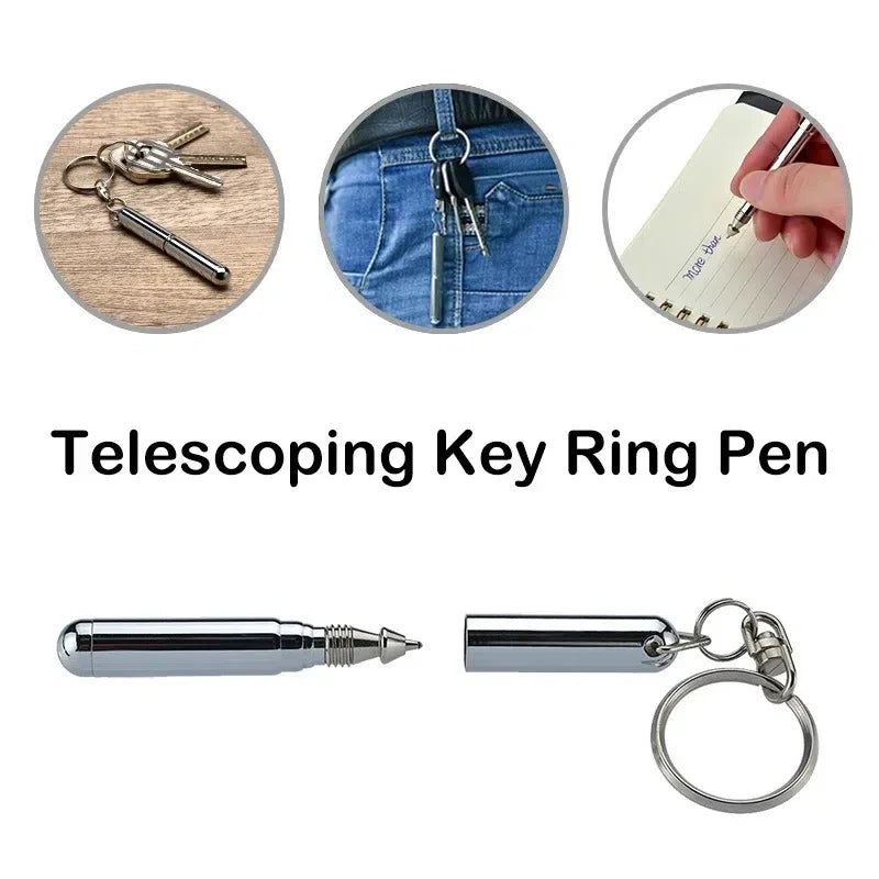 Portable Mini Key Ring Stainless Steel Telescopic Pen Telescoping Ballpoint Pens Keychain Tool Outdoor Sports Camping Supplies