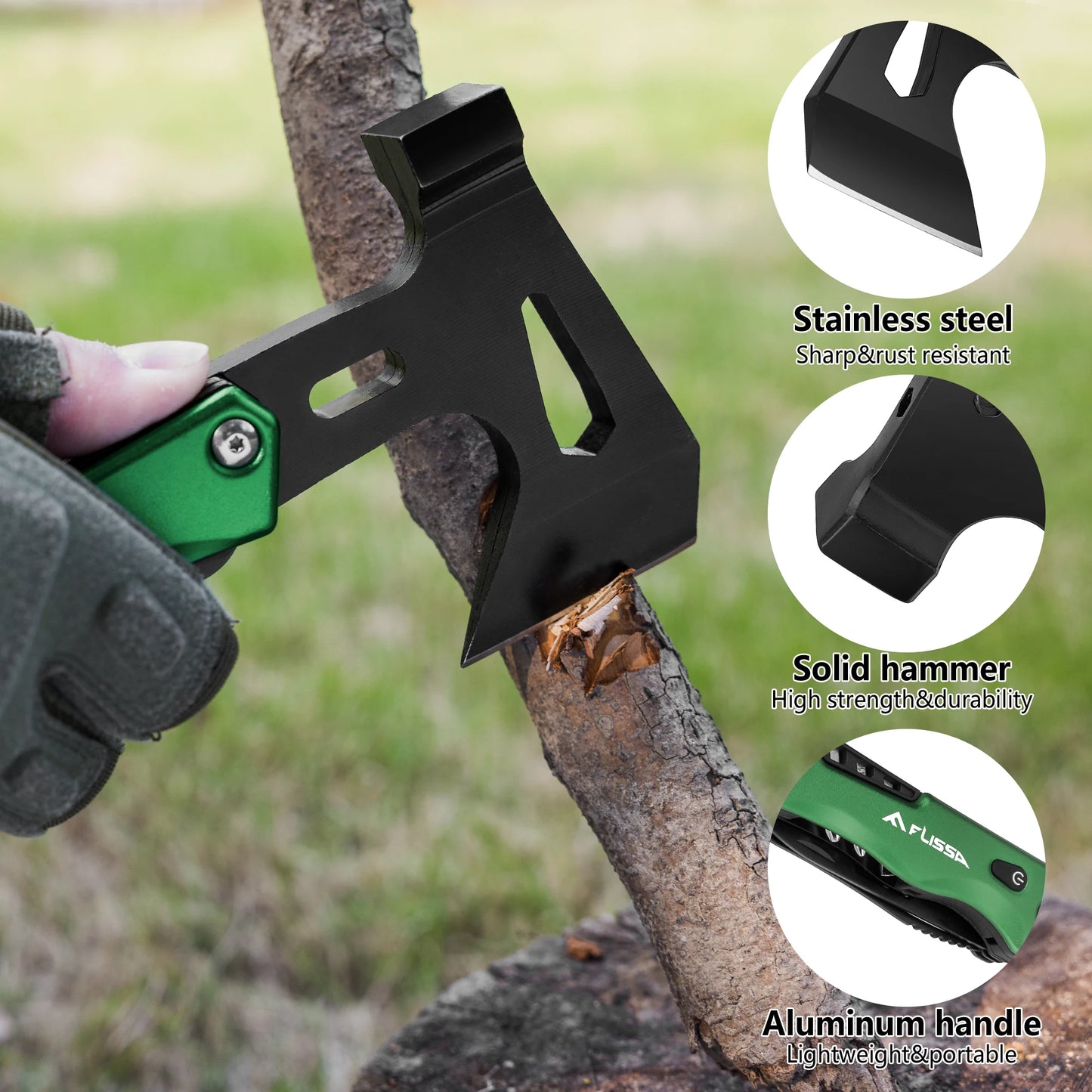 FLISSA 14 in 1 Multitool Camping Hatchet with Sheath Multifunctional Ax with LED Light Camping Woodworking Outdoor Survival Tool