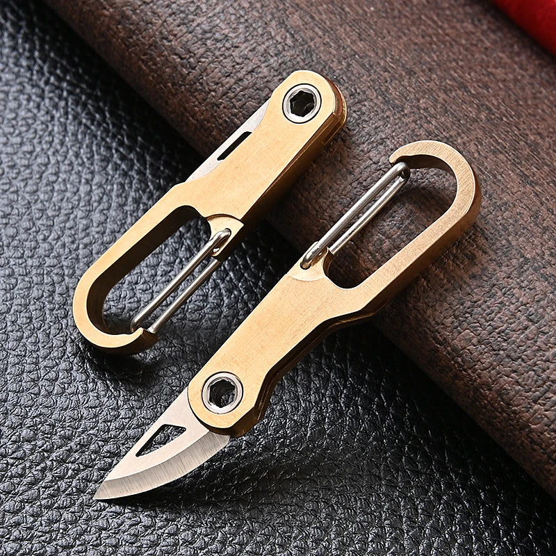 1pc Titanium Alloy Mini Pocket Knife Folding Unpacking Express Outdoor Survival Tools Portable D Ring Keychain Brass Knife