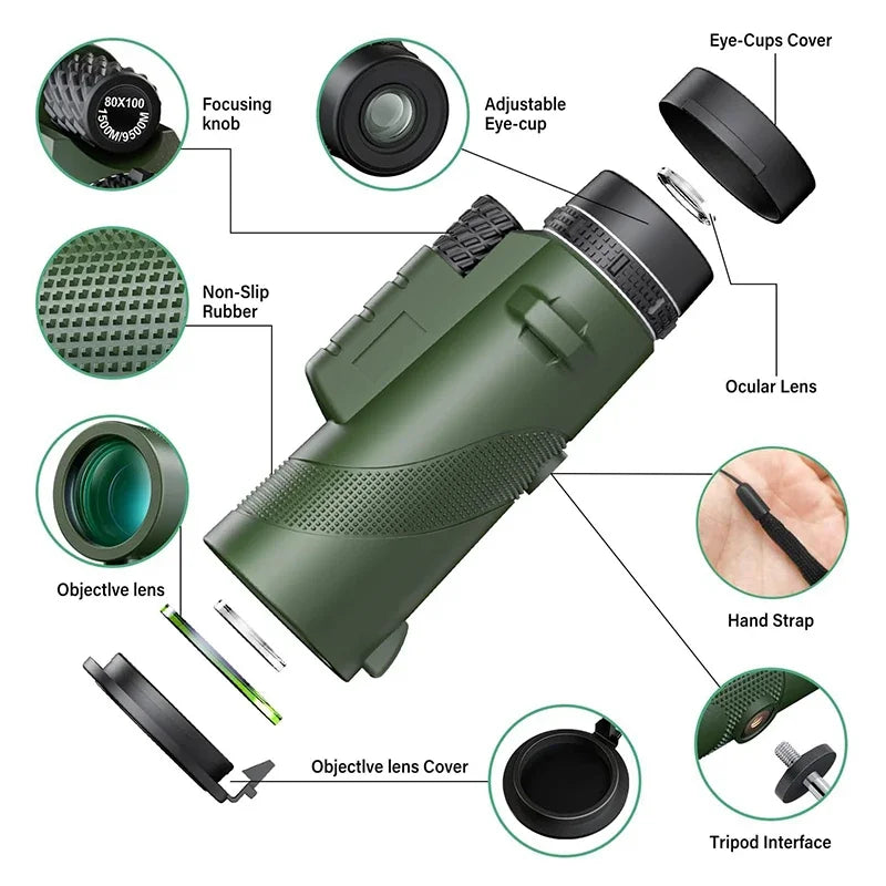 80x100 HD ZOOM Powerful Monocular Telescope Portable Binoculars Long Range Telescope Hunting Camping with Tripod Phone Clip