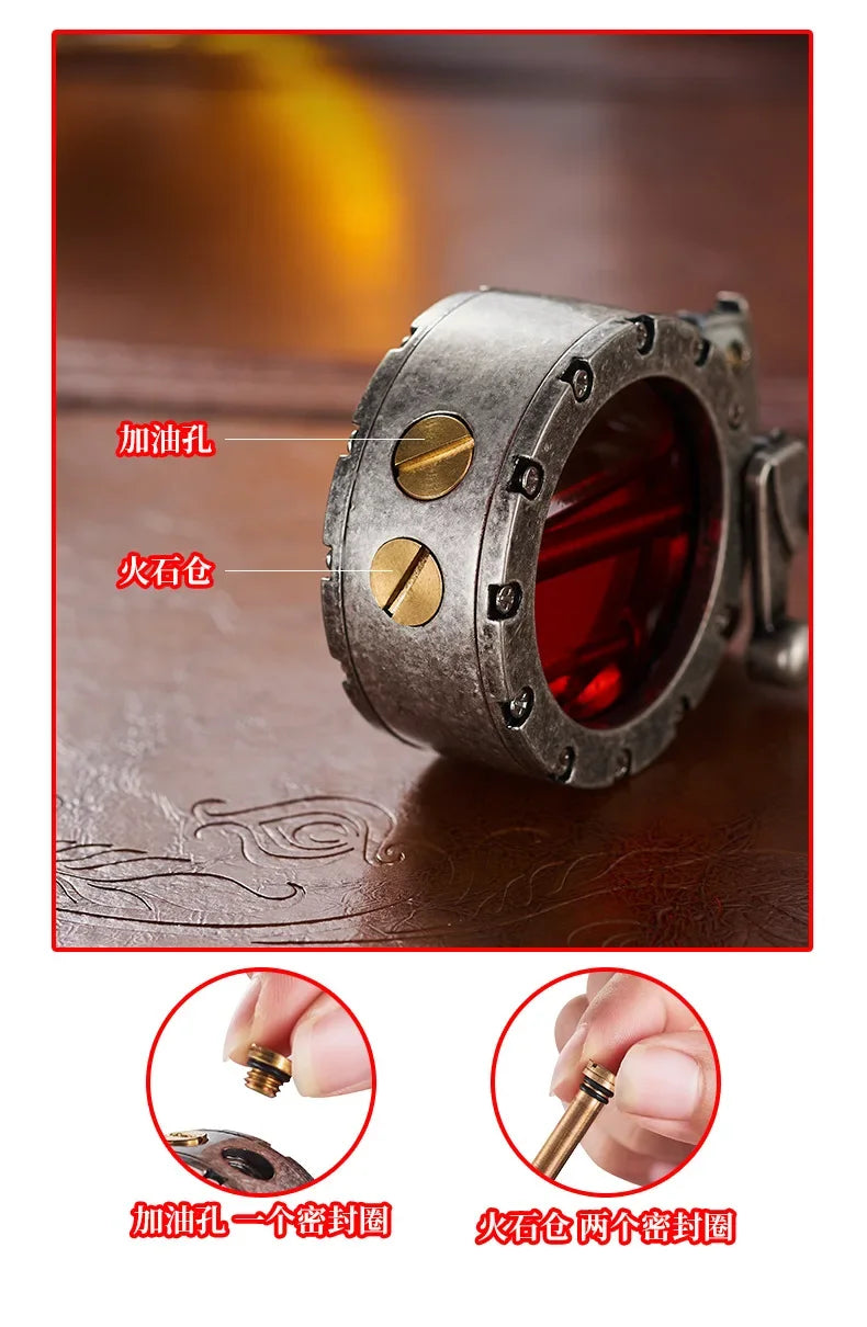 NEW Metal Rocker Arm Kerosene Lighter Creative Personality Round Transparent Oil Tank Open Fire Lighter Men's Small Tools