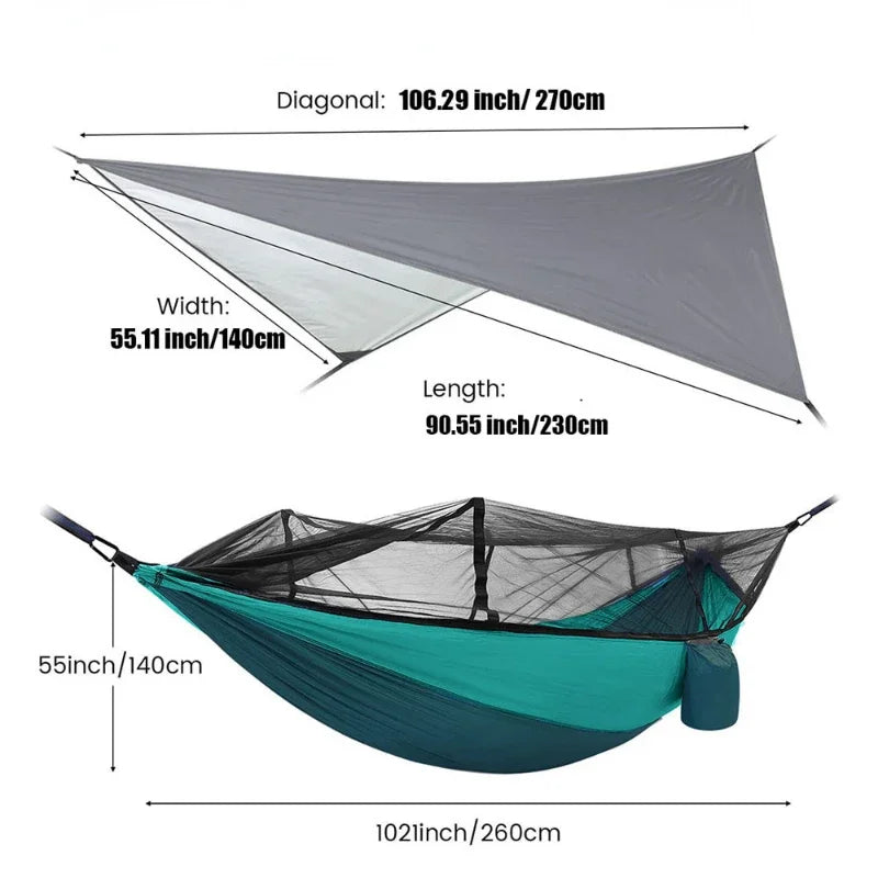 260x140cm Outdoor Double Camping Hammock with Mosquito Net and Rain Fly Tarp Lightweight Parachute Hammocks for Travel Hiking