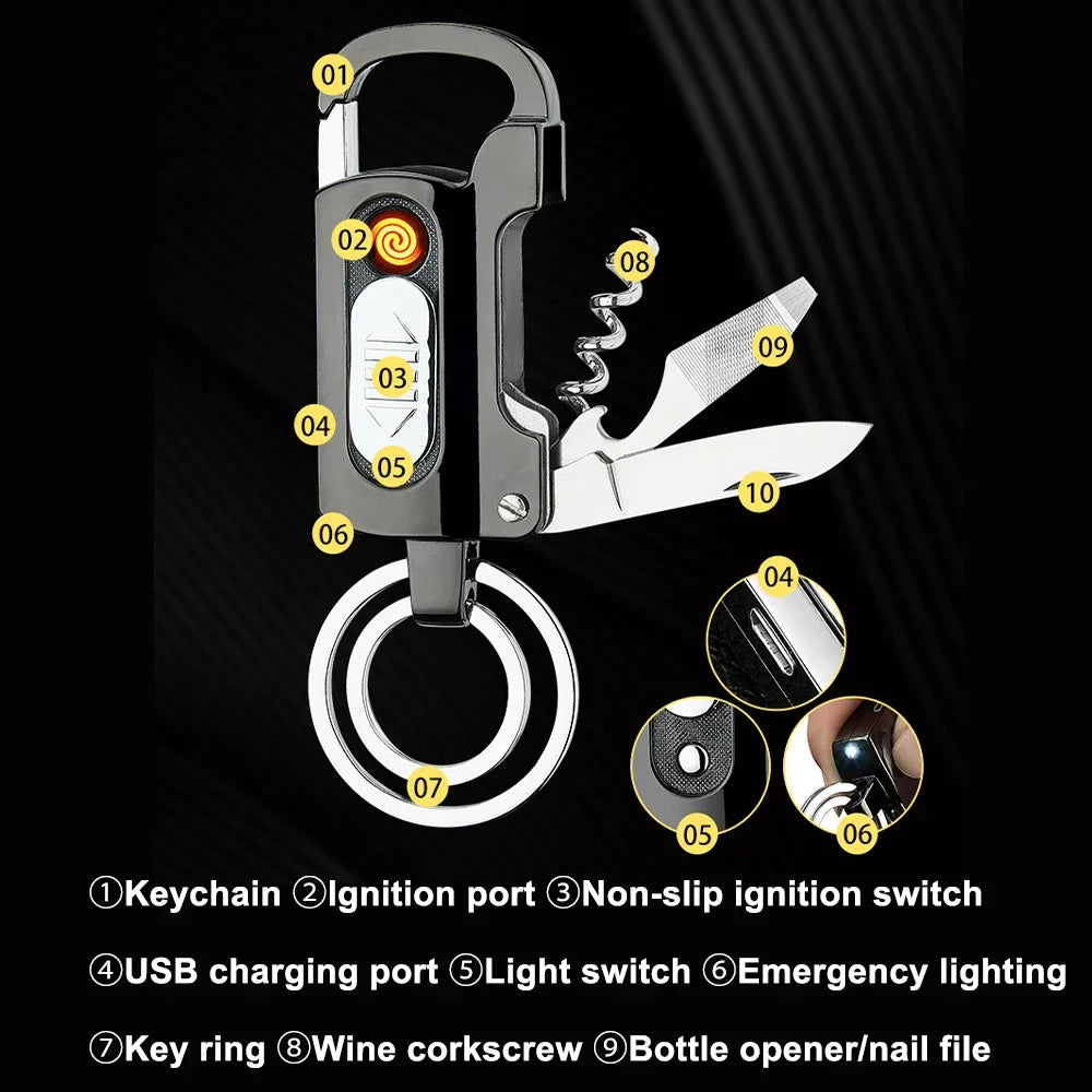 Multifunctional Electronic Lighter Keychain, Wine Opener, Knife Flashlight, Slotted Screwdriver, Metal Windproof Lighter, Gadget