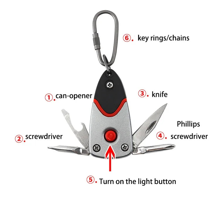 Multifunctional Outdoor 6-in-1 Folding Knife Mini Pocket Keychain Multitool Bottle Opener Screwdriver Blade LED Survival Tool