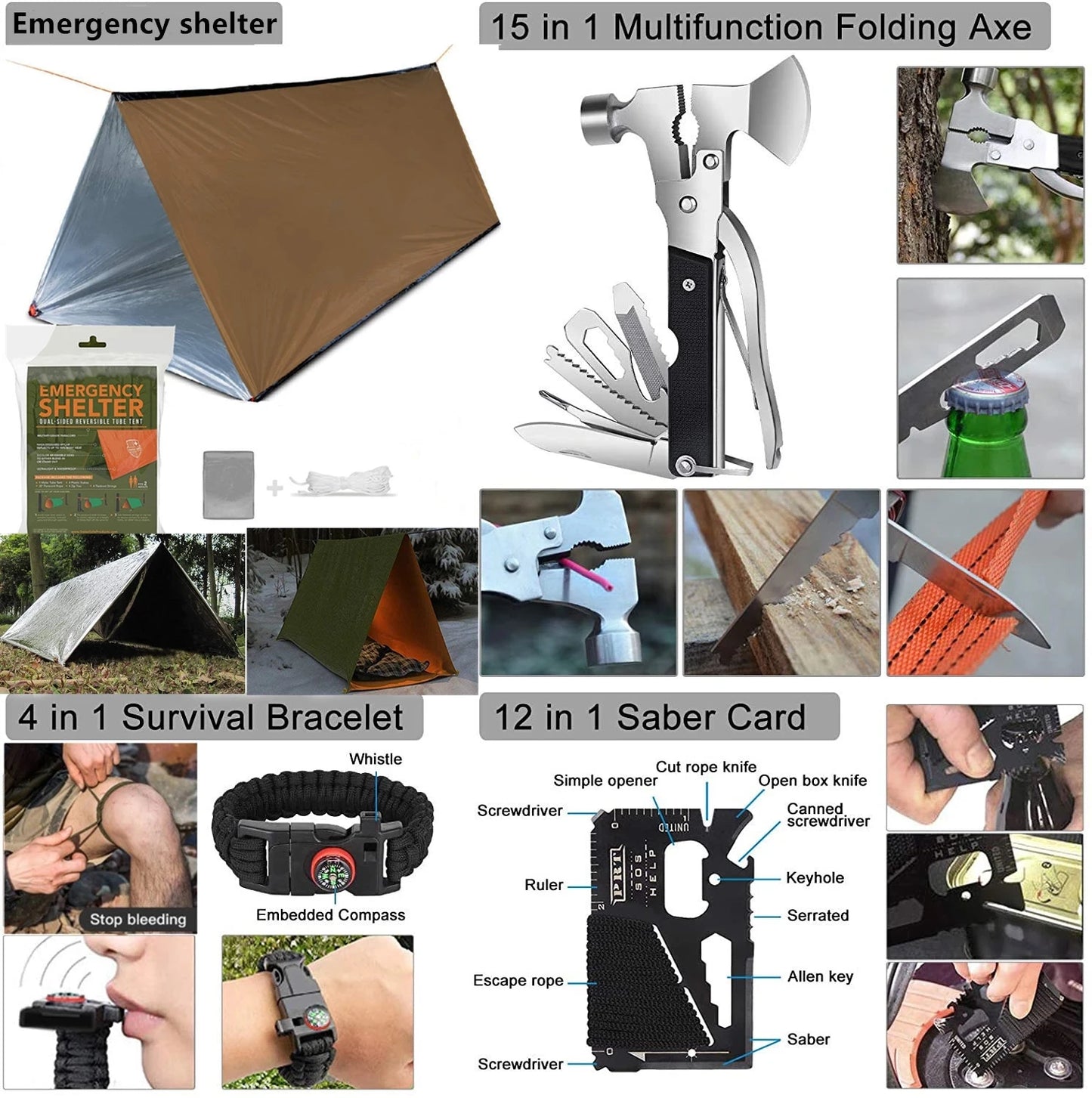 Gifts for Men Emergency Survival Kit 233pcs Professional Camping Equipment Survival Axe Molle Pouch Tactical Trauma Bag Knife