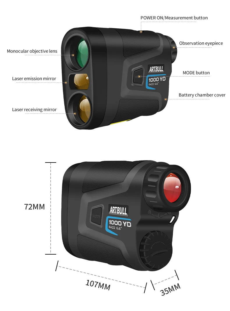 ARTBULL Golf Laser Rangefinder 1000M 650M Telescope with Flag-Lock Slope Pin Distance Meter for Hunting Monocular