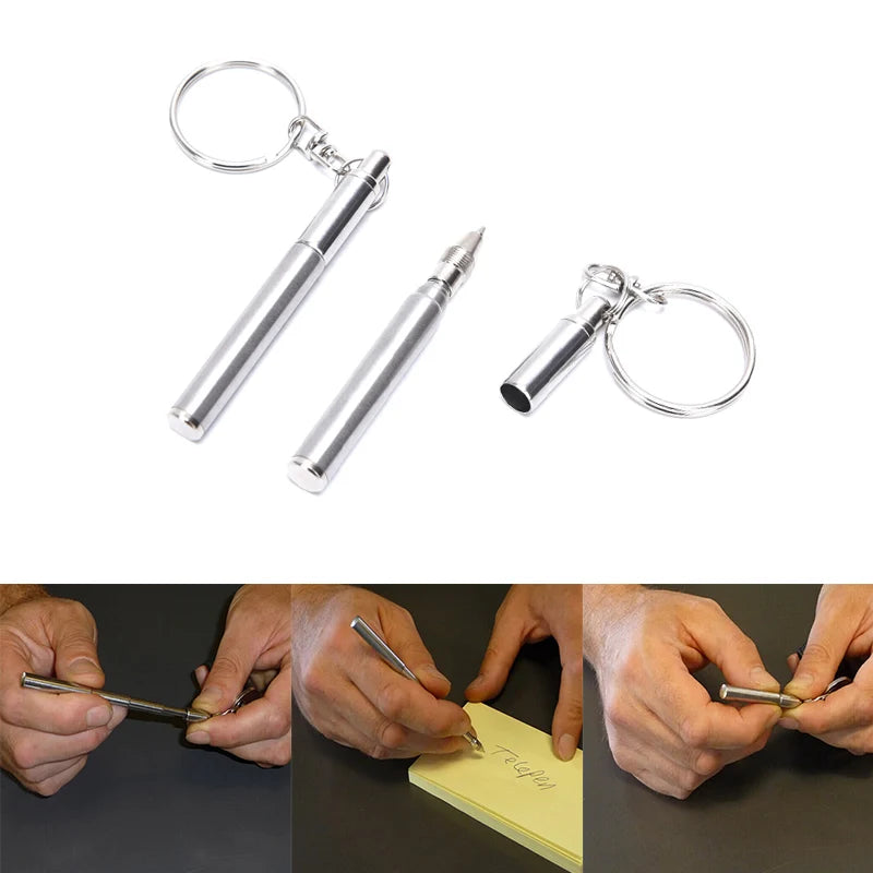 Portable Mini Key Ring Stainless Steel Telescopic Pen Telescoping Ballpoint Pens Keychain Tool Outdoor Sports Camping Supplies