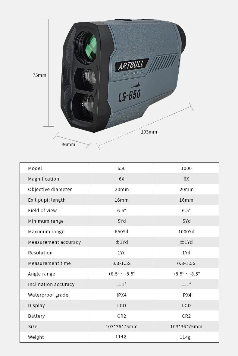 ARTBULL Golf Laser Rangefinder 1000M 650M Telescope with Flag-Lock Slope Pin Distance Meter for Hunting Monocular