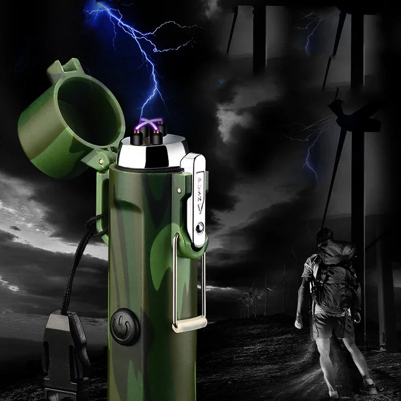 Camping Outdoor Compass Waterproof Electric Double Arc USB Lighter Windproof Portable Torch Lighting Survival Ignition Tool