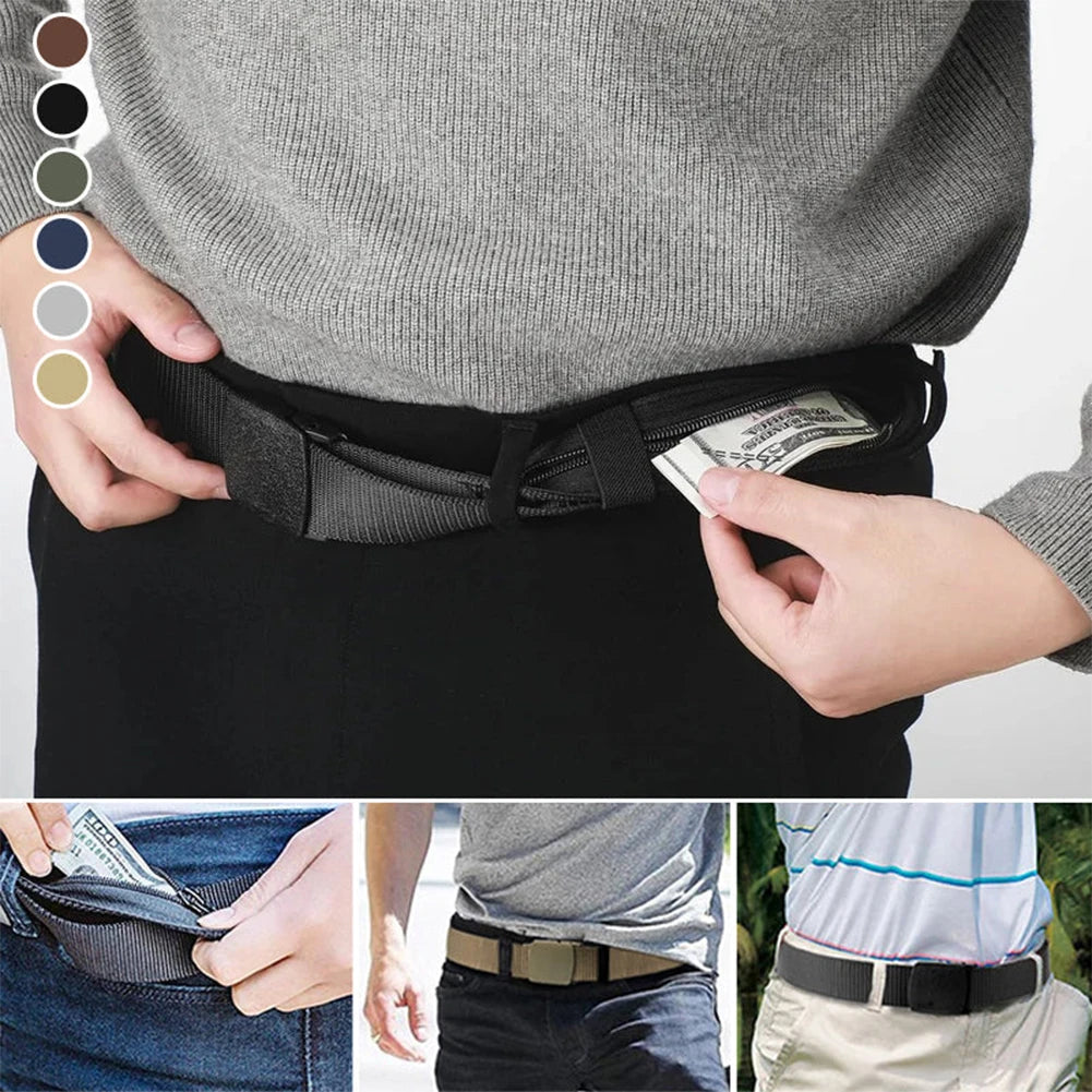 Travel Cash Anti Theft Belt,Outdoor Safety Hidding Money Pants Belt with Zipper for Men Male Use,Nylon Secret Pocket Waist Strap