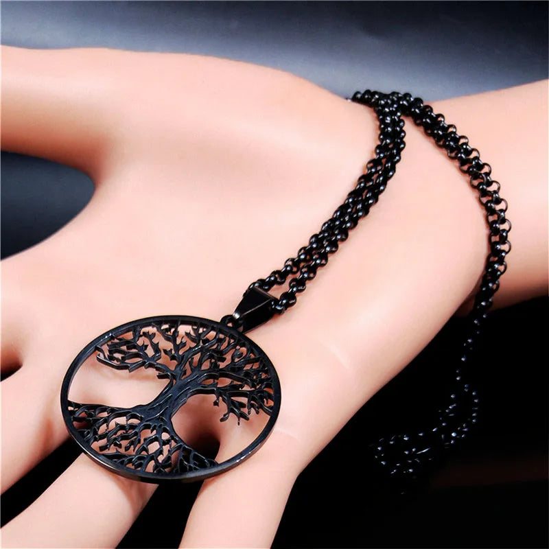 2024 Tree of Life Stainless Steel Long Necklace for Men Black Color Necklaces & Pendants Jewelry cadenas para hombre N834S03