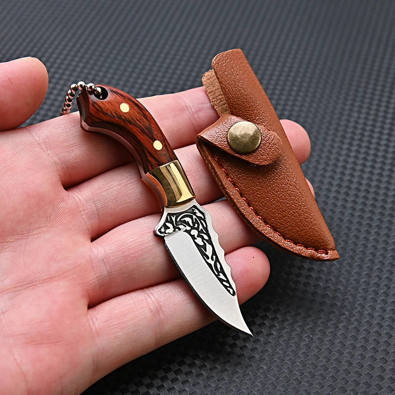 Portable Pocket Mini Stainless Steel Knife With Leather Cover Camping Keychain Package Opener Outdoor Hiking Survival Tools