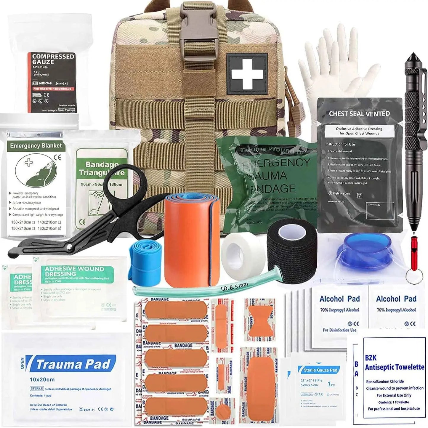 74 Piece Upgrade Ifak Trauma Kit Tactical First Aid Supplies Molle Ifak Pouch Rip Away Refill Supplies for Survival Camping