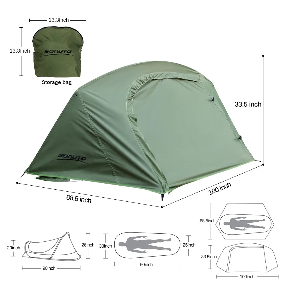 Sonuto-Lightweight Camping and Mountaineering Hiking Tent with Aluminum Alloy Poles, Waterproof and Mosquito Proof Single Person