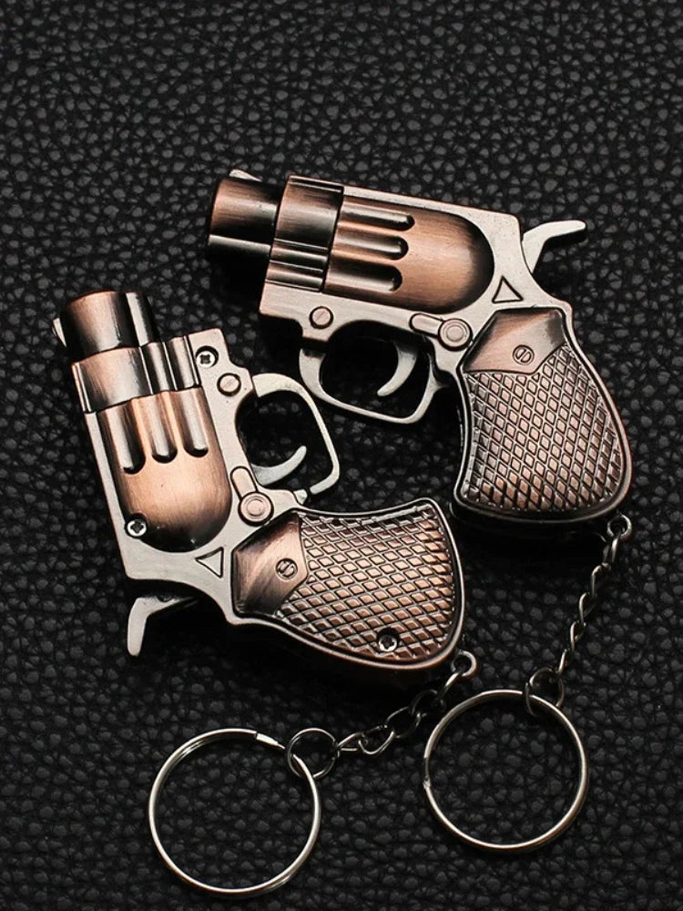 Cool Mini Pistol Lighter Revolver Gas Inflatable Jet Flame Windproof Lighters Metal Keychain Pendant Lighter Gun Cigarrette Gift