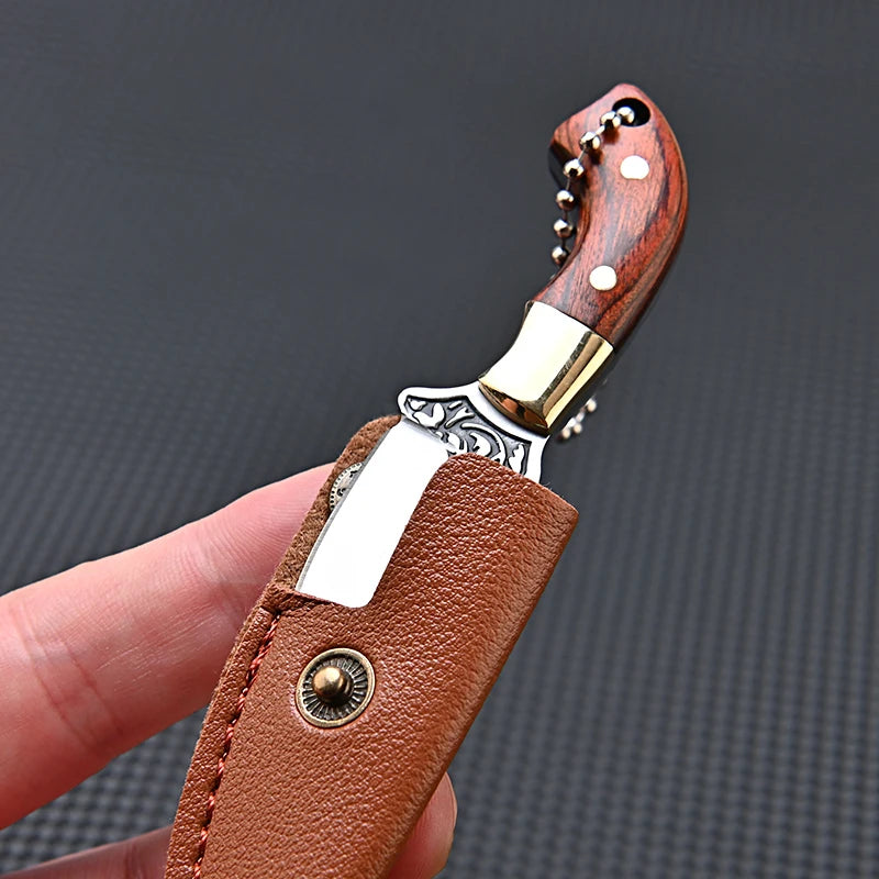 Portable Pocket Mini Stainless Steel Knife With Leather Cover Camping Keychain Package Opener Outdoor Hiking Survival Tools