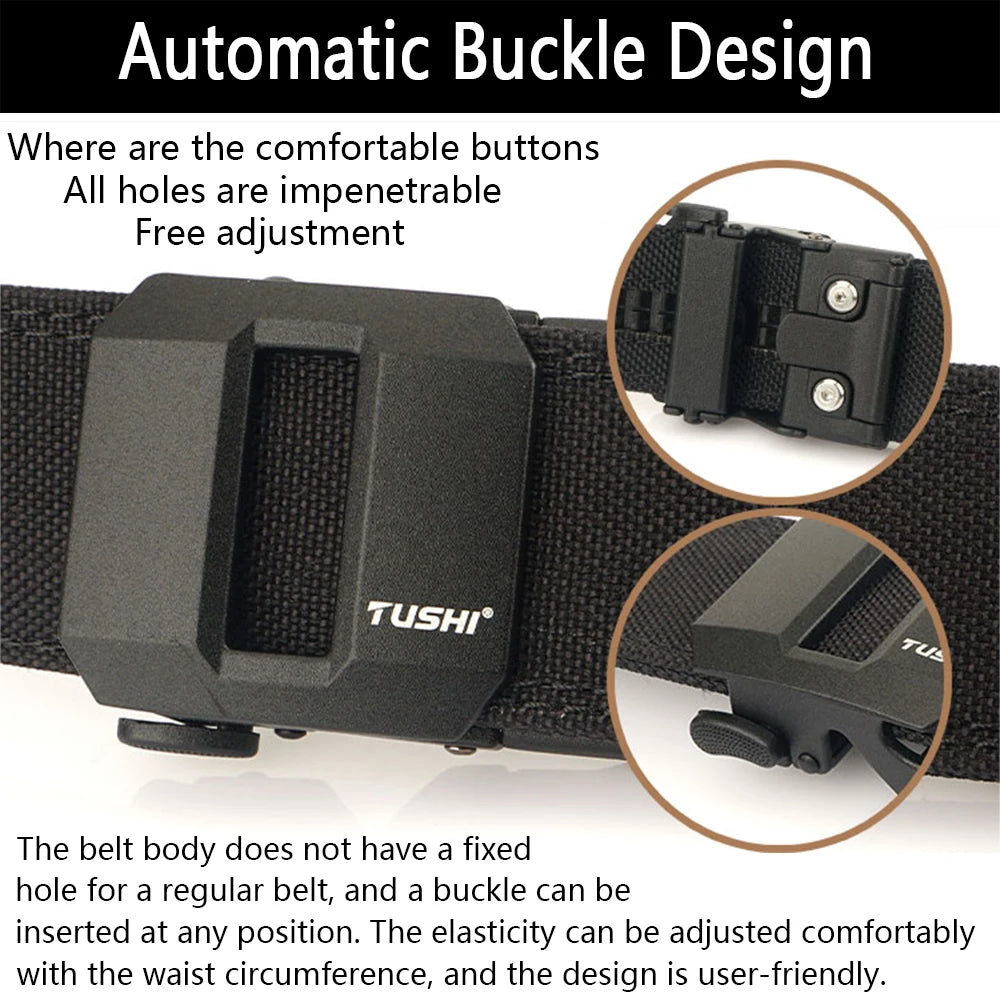 TUSHI Hard Tactical Gun Belt for Men Metal Automatic Buckle Thick Nylon Police Military Belt Casual Belt IPSC Girdle Male