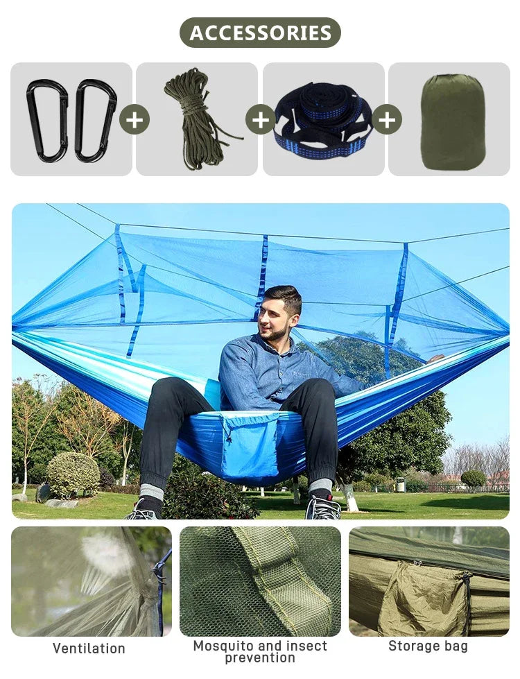 260x140cm Outdoor Double Camping Hammock with Mosquito Net and Rain Fly Tarp Lightweight Parachute Hammocks for Travel Hiking