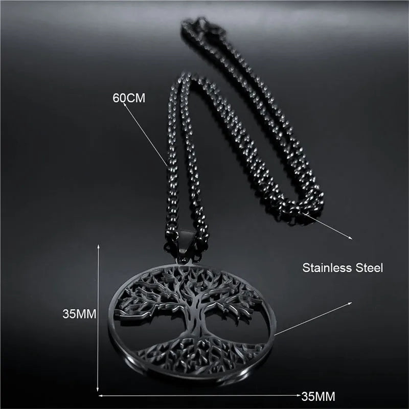 2024 Tree of Life Stainless Steel Long Necklace for Men Black Color Necklaces & Pendants Jewelry cadenas para hombre N834S03