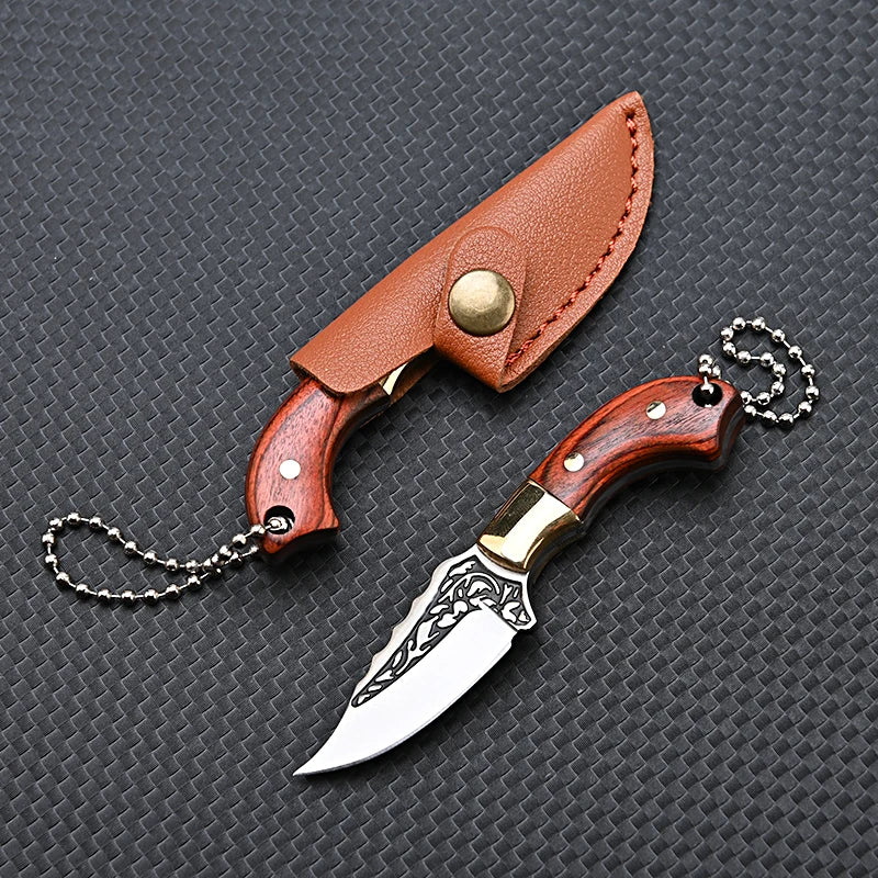 Portable Pocket Mini Stainless Steel Knife With Leather Cover Camping Keychain Package Opener Outdoor Hiking Survival Tools