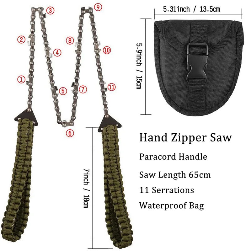 11 Tooth Handheld Chains Saw Portable Survival Hand Zipper Saw Wire Saw Outdoor Hiking Wood Cutting Tool with Bag Camping Gear