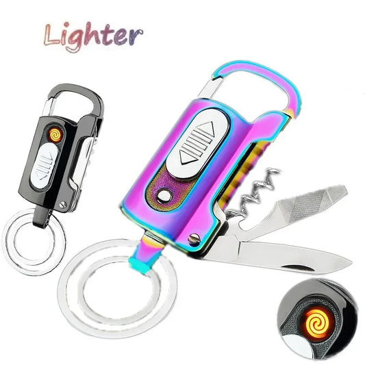 Multifunctional Electronic Lighter Keychain, Wine Opener, Knife Flashlight, Slotted Screwdriver, Metal Windproof Lighter, Gadget