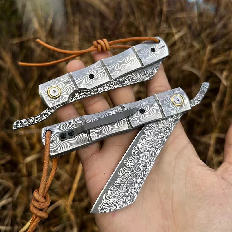 Handmade Damascus Steel Blade Pocket  Folding Knife Wilderness Survival Outdoor Camping Fishing Knives EDC Versatile Tools