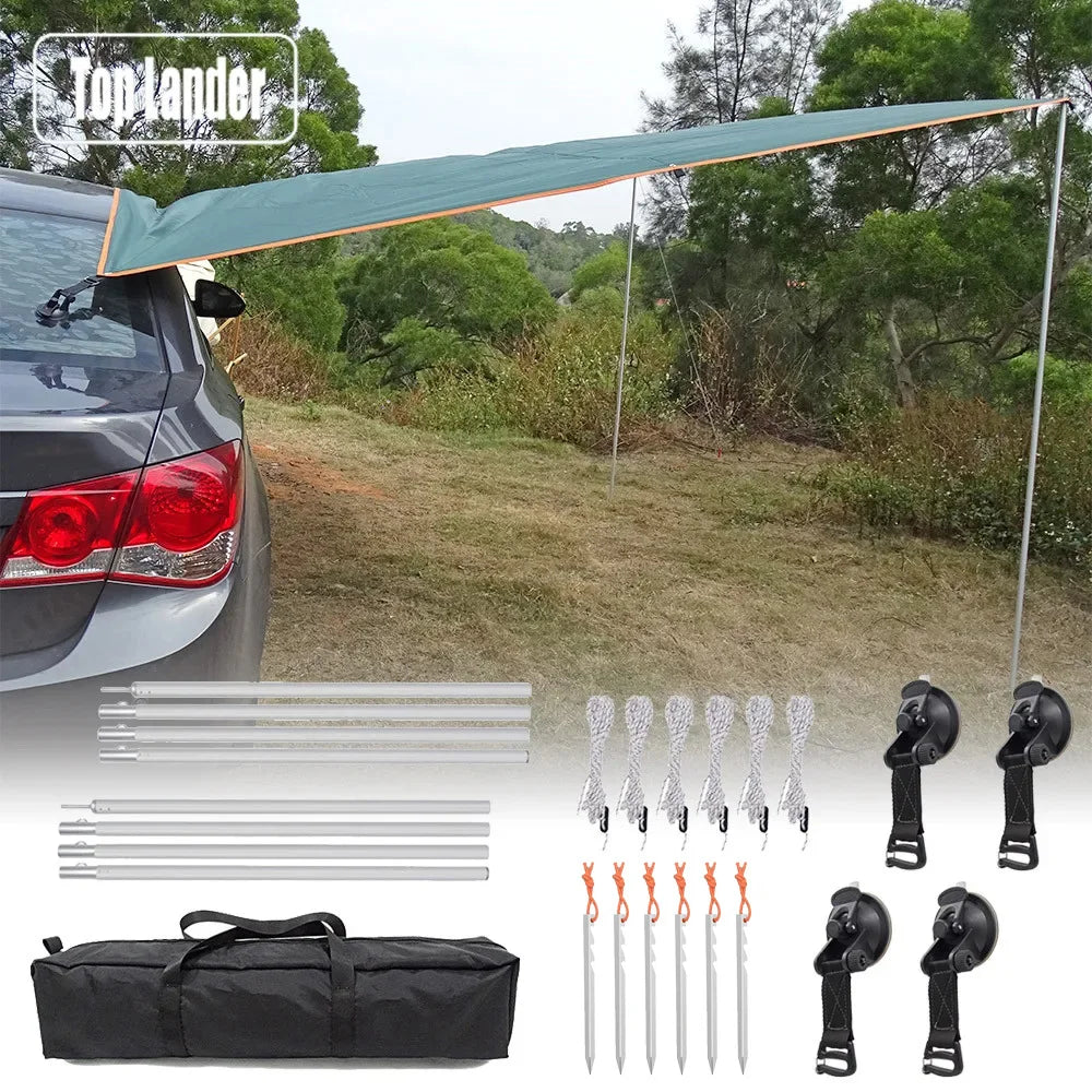 SUV, Car Side Awning ,Waterproof Tarp with Pole, Ropes, Pegs and Suction Cup Anchor, Outdoor Camping Car Tent Car Tarp Shade