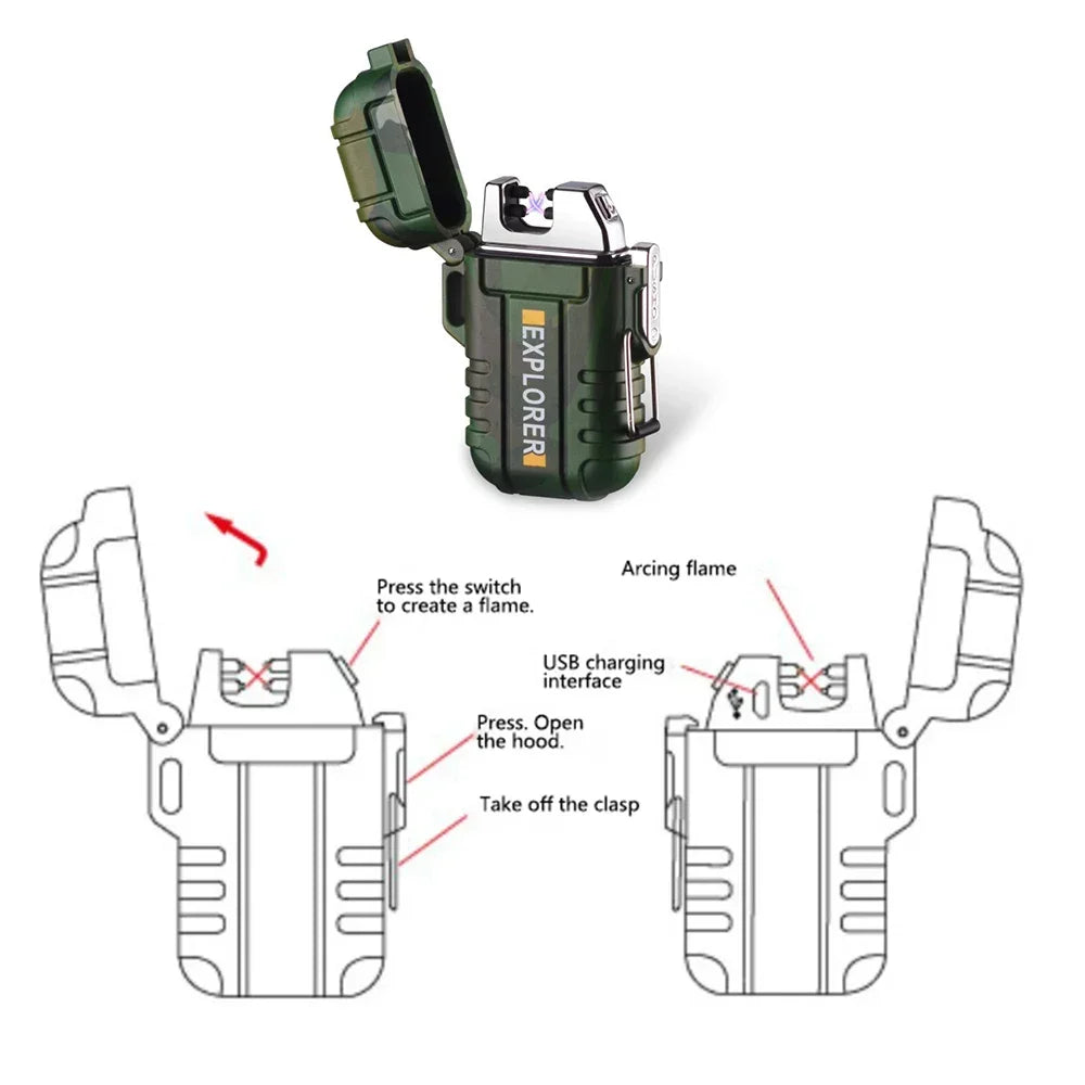 Waterproof Double Arc Lighter USB Rechargeable Windproof Plasma Lighter Outdoor Camping Flameless Smoking Accessories