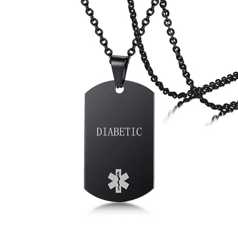 Black Dog Tag Pendant Medical Alert ID Necklace for Men Woman Stainless Steel Emergency SOS Diabetic Jewelry 24Inch