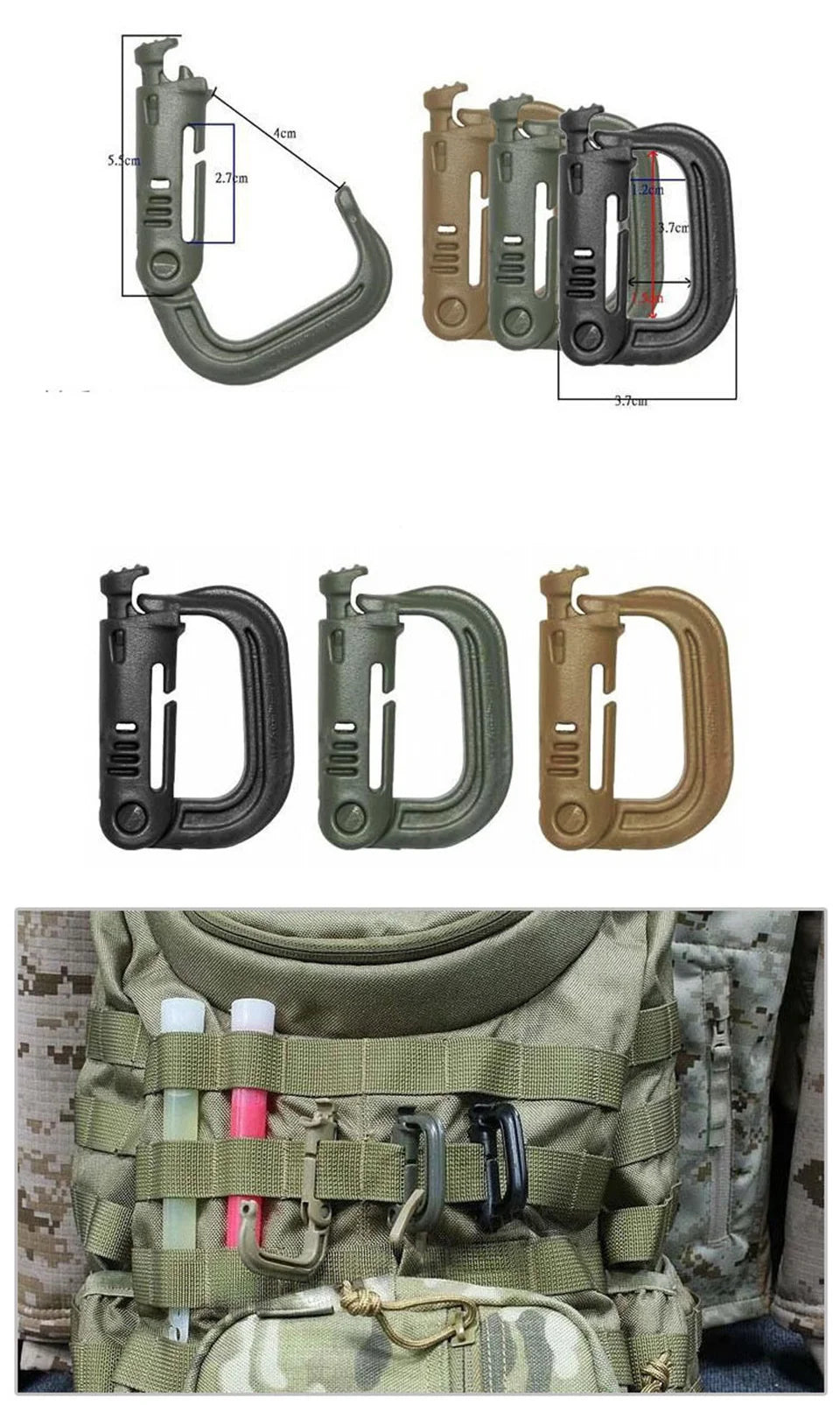 Plastic D-Ring Tactical Carabiner Keychain Hard Polymer Hanging Hook Buckle Clip Survival Tool for Outdoor Travelling Camping