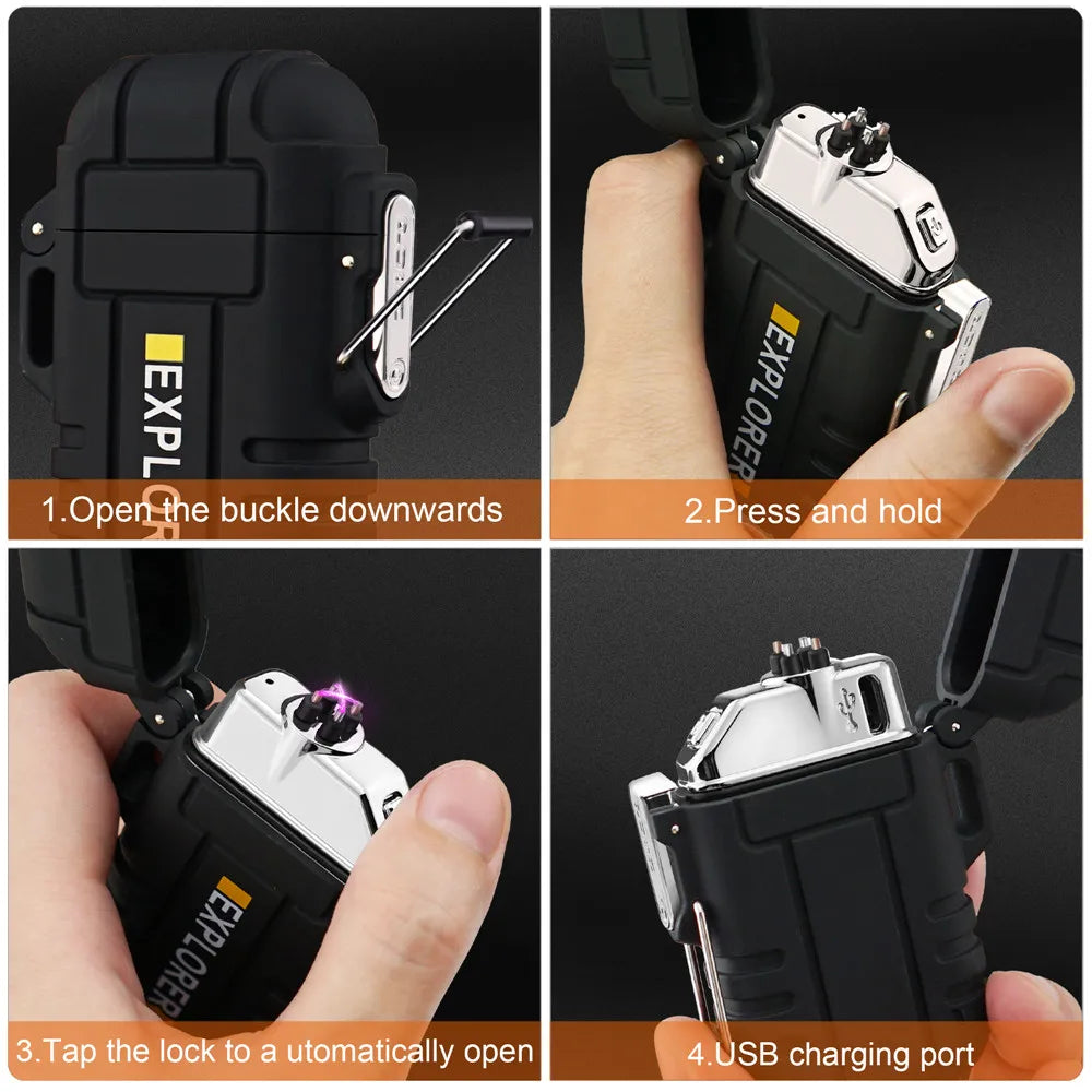 Outdoor Camping Portable Waterproof Double Arc Electric USB Lighter Windproof Plasma Pulse Flameless Lighter Survival Tool