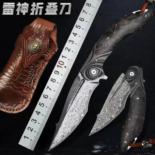 Leather Sheath Thor CF Handle VG10 Damascus Steel Folding Knife Tactical Military Outdoor Camping Survival Hunting EDC Tool