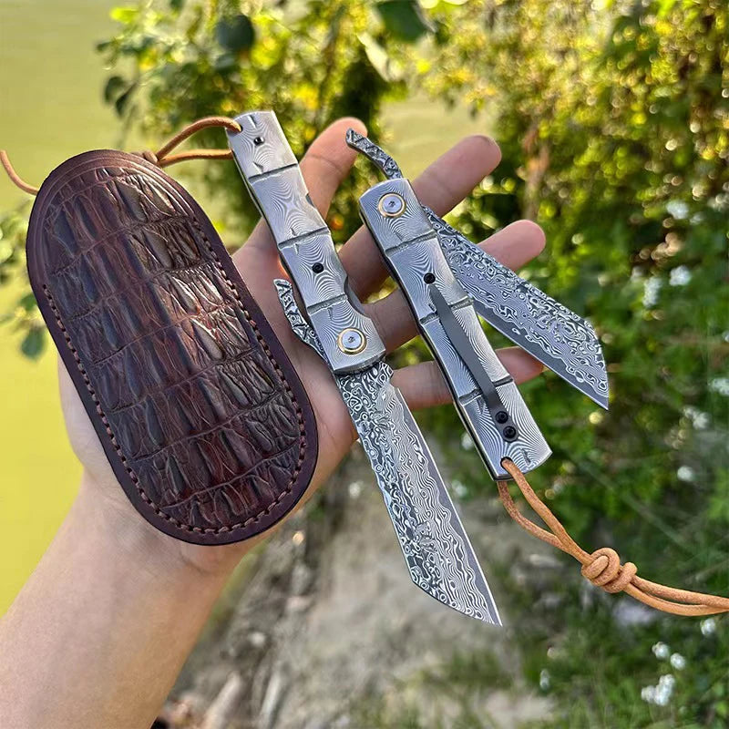 Handmade Damascus Steel Blade Pocket  Folding Knife Wilderness Survival Outdoor Camping Fishing Knives EDC Versatile Tools