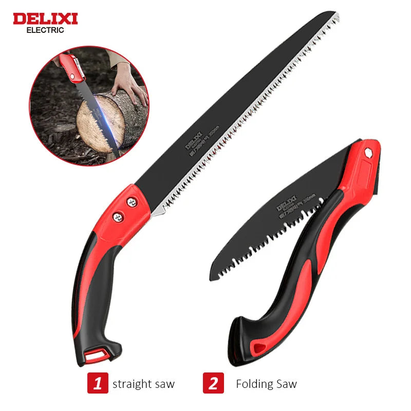 DELIXI ELECTRIC Folding Saw，SK5 steel One-button Folding Design，Sharp Cutting Wood,Camping DIY,Garden Saw,Tree Chopper Knife