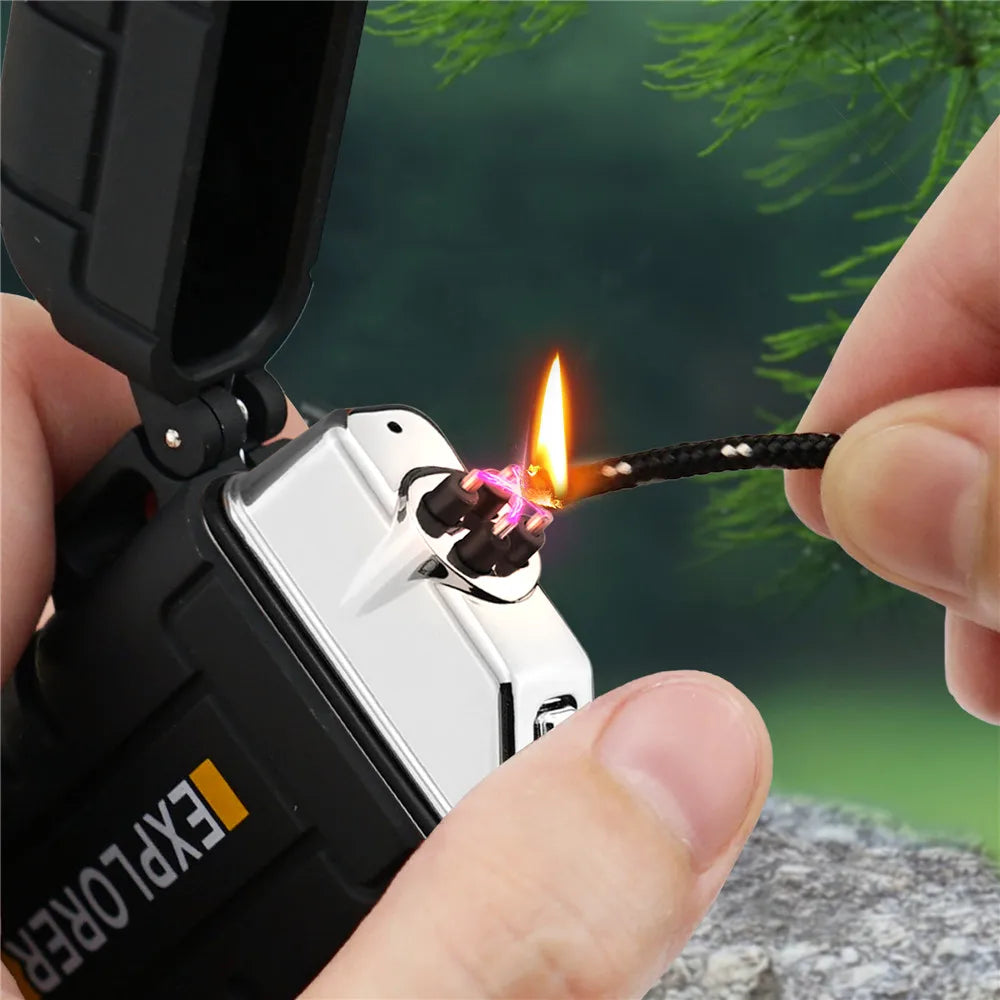 Outdoor Camping Portable Waterproof Double Arc Electric USB Lighter Windproof Plasma Pulse Flameless Lighter Survival Tool