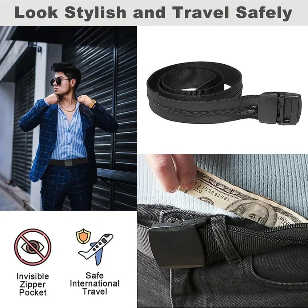 Travel Cash Anti Theft Belt,Outdoor Safety Hidding Money Pants Belt with Zipper for Men Male Use,Nylon Secret Pocket Waist Strap