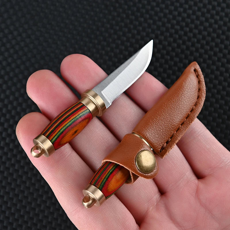 Portable Pocket Mini Stainless Steel Knife With Leather Cover Camping Keychain Package Opener Outdoor Hiking Survival Tools