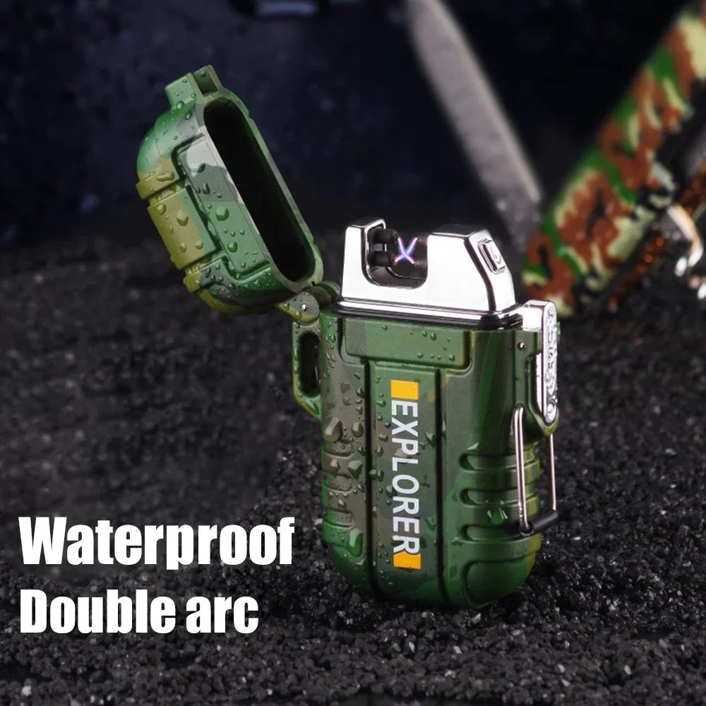 Waterproof Double Arc Lighter USB Rechargeable Windproof Plasma Lighter Outdoor Camping Flameless Smoking Accessories