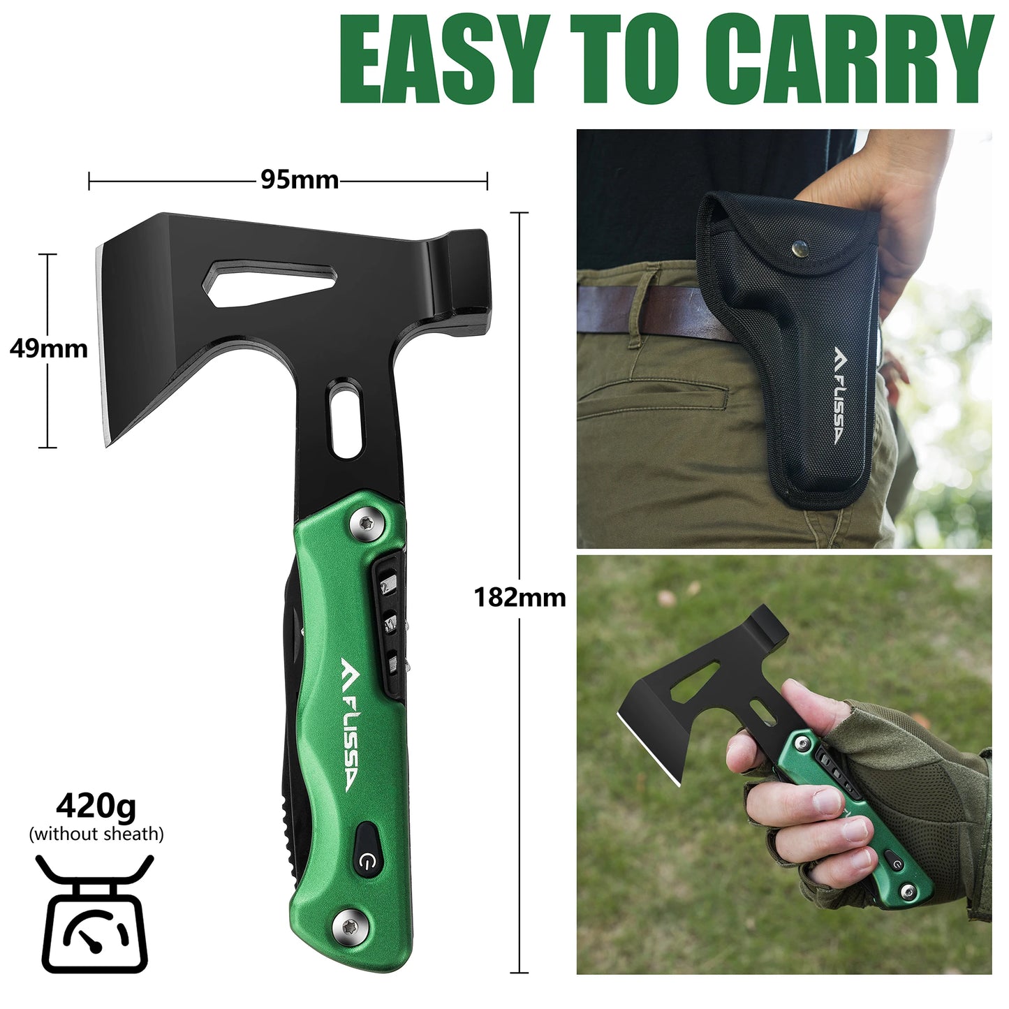 FLISSA 14 in 1 Multitool Camping Hatchet with Sheath Multifunctional Ax with LED Light Camping Woodworking Outdoor Survival Tool