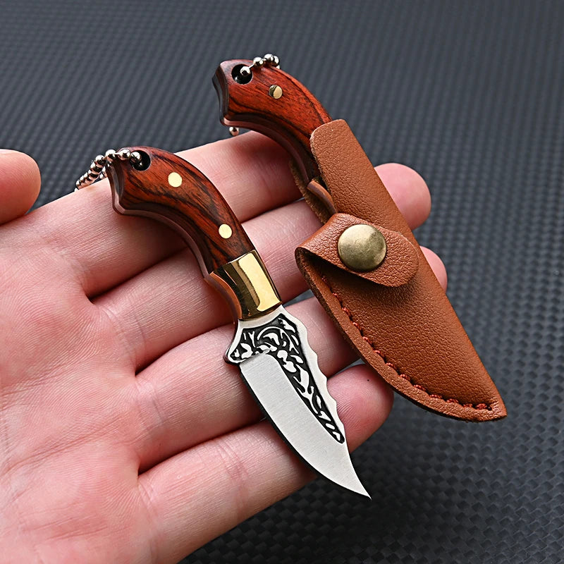 Portable Pocket Mini Stainless Steel Knife With Leather Cover Camping Keychain Package Opener Outdoor Hiking Survival Tools