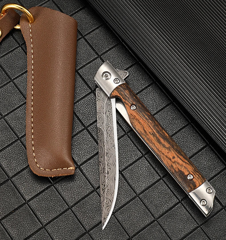 Damascus Pattern Folding Knife Multi-Purpose Outdoor Camping Quick Open Pocket Knife Stainless Steel Folding Knife