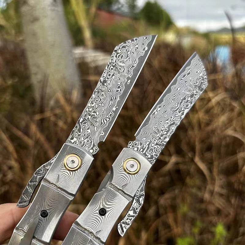 Handmade Damascus Steel Blade Pocket  Folding Knife Wilderness Survival Outdoor Camping Fishing Knives EDC Versatile Tools